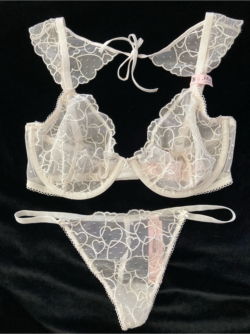 Victoria’s Secret TEASE Unlined Demi 34DD & V-String Panty (M) Set Ivory Hearts